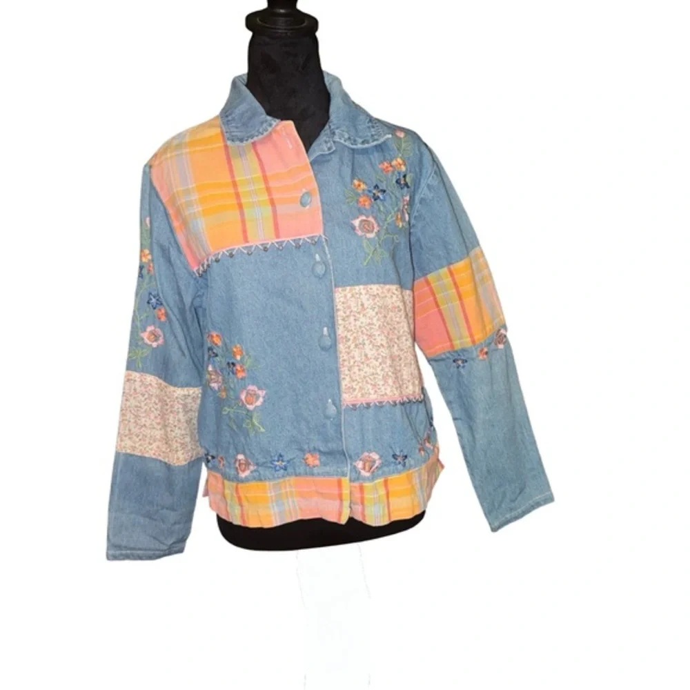 Vtg Bleu Bayou Denim patchwork blazer Embroidered floral‎ art  boho Size small